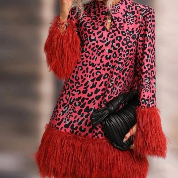 Leopard Print long sleeve Fuzzy Trim Dress - Picture 7 of 7